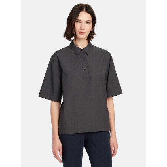 Eien29 Women's Simple Half Button Down Shirt Woven Polo Charcoal Gray One Size F - Picture 2 of 8